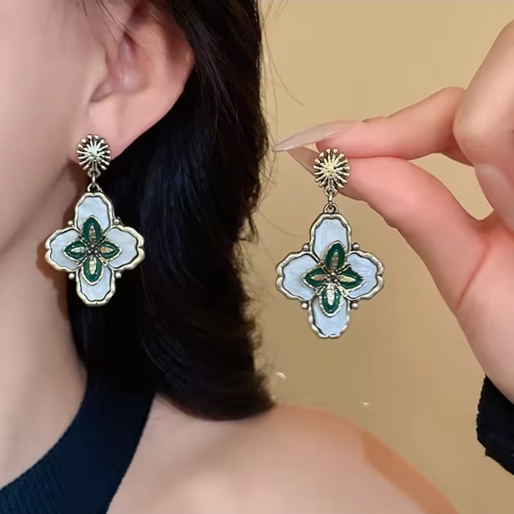 Vintage Gold & White Enamel Floral Drop Earrings with Green Accents - Picture 6 of 8